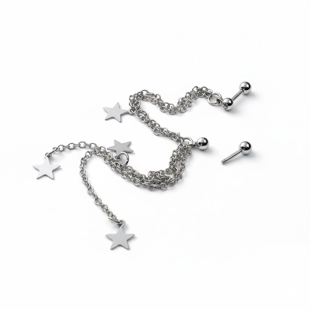 Tragus- ja helix neet ketikeste ja tähekestega